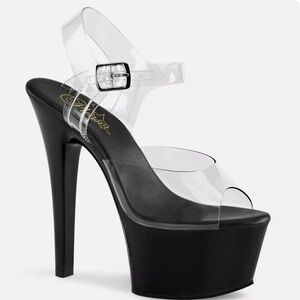 Pleaser Aspire 608 clear top, black foot bed & platform. 6” heel 2 1/2” platform